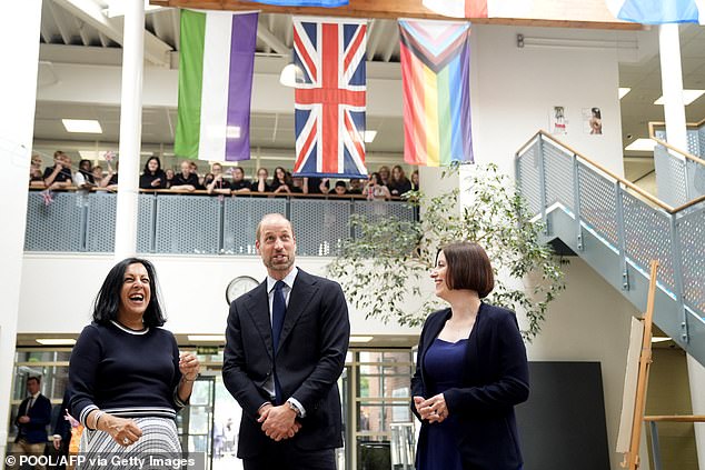 Britain's Prince William, Prince of Wales, Headteacher Kam Grewal-Joy (L) and Britain's Education Secretary Bridget Phillipson