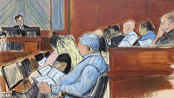 Judge Arun Subramanian, upper left, reads instructions to the jury during Sean Diddy Combs' sexual misconduct trial in Manhattan federal court, Monday, June 30, 2025, in New York. (Elizabeth Williams via AP)