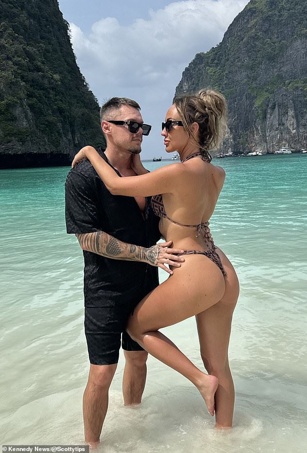 With more than 120,000 followers and viral TikToks, Scott now claims he makes up to £1million a year, though he admits the numbers can vary. Pictured with his girlfriend
