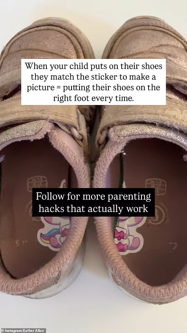 Another one of her go-to hacks is using a sticker to help kids remember which foot their shoes go on