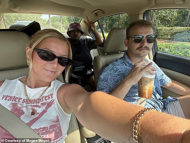 Megan Meyer, 25, from South Carolina, lived in a three-bedroom home with her ex Tyler (right), 26, and her husband Michael Flores (center), 26