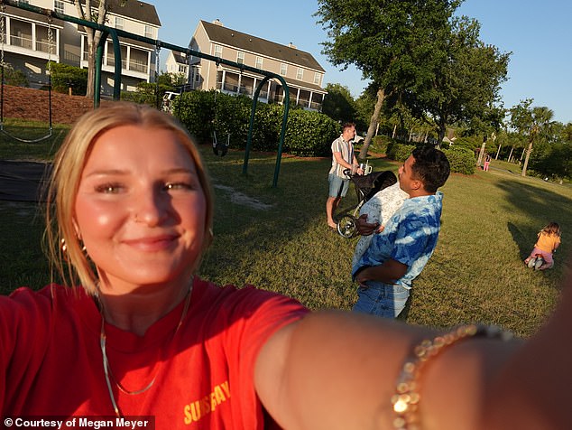 She said they all split household chores and everyone 'pitches in' with everything. In addition, they have set a strict rule about PDA around the house. Pictured: Megan (front) with Flores, Tyler, and the two children in the back