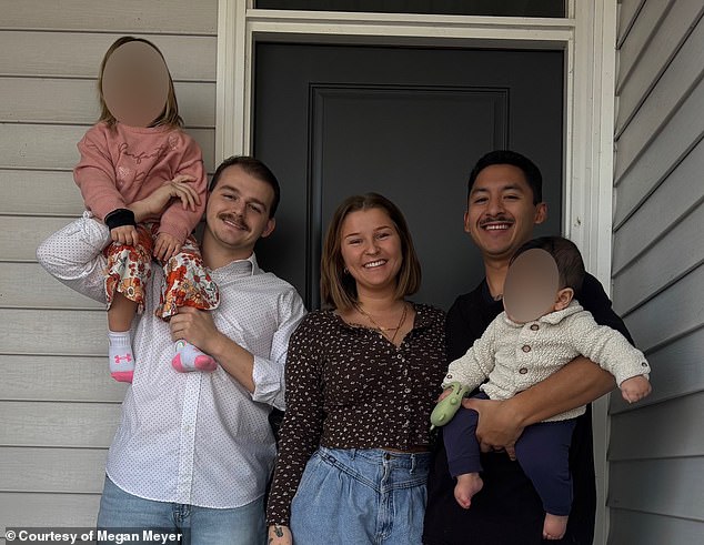 Being roommates with her ex-husband has not always been easy, and she spoke about the pros and cons of their situation exclusively with the Daily Mail. Pictured: Megan and Tyler's daughter (far left), Tyler (second left), Megan (center), Flores (right) holding his and Megan's son