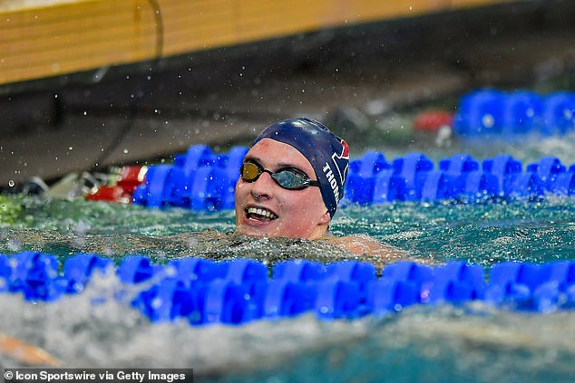 University of Pennsylvania swimmer Lia Thomas reacts after winning the 500 Freestyle finals during the NCAA Swimming and Diving Championships on March 17th, 2022 in Atlanta