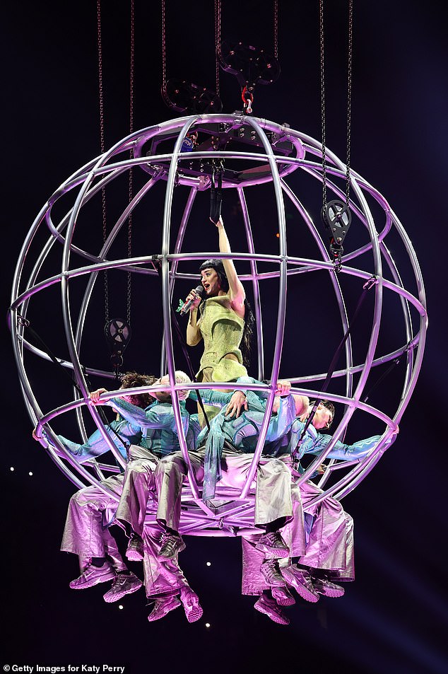 On Sunday night, the singer was performing in Adelaide and being lifted in a floating metal sphere when the stage prop seemingly malfunctioned, leaving her stuck in the air; pictured April in Mexico City