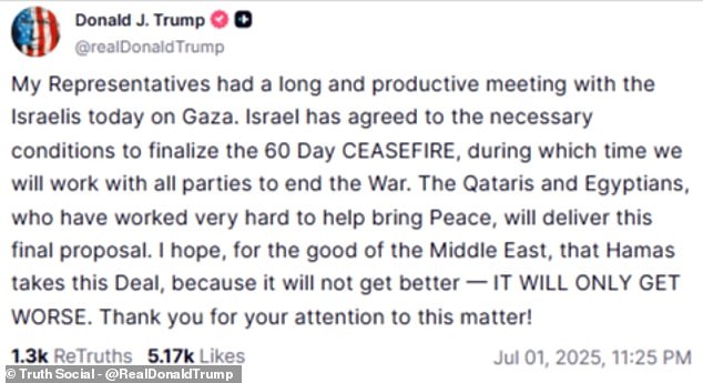 Donald Trump took to Truth Social on Tuesday night to reveal his representatives had a 'long and productive meeting with the Israelis today' about the Gaza war