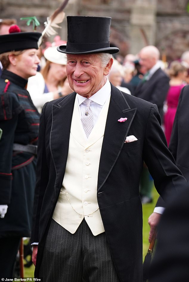 Pictured: Charles during the Sovereign's Garden Party at the Palace of Holyroodhouse on Tuesday
