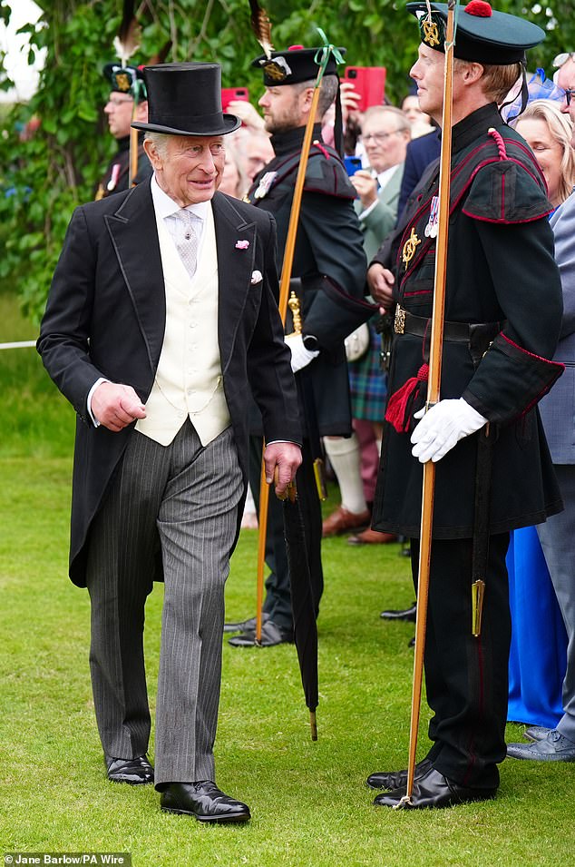 Pictured: Charles during the Sovereign's Garden Party at the Palace of Holyroodhouse in Edinburgh