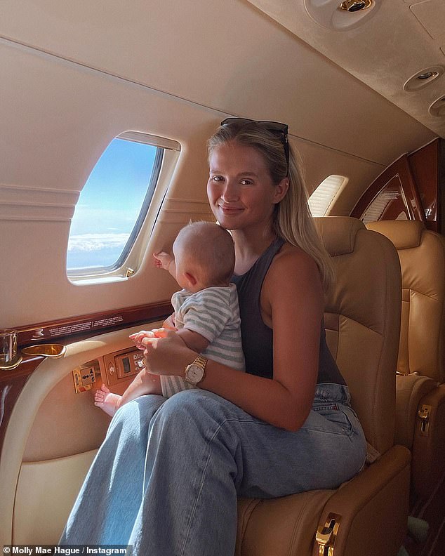 The family are known for jetting off for luxury holidays in private jets (Molly-Mae is pictured on a jet with Bambi in 2023 after getting engaged to Tommy)
