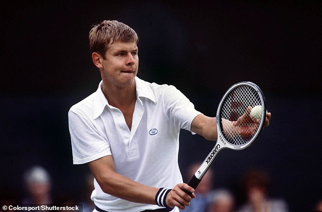 Christopher 'Buster' Mottram, who is said to have been banned from the All England Lawn Tennis and Croquet Club, readies a serve at Wimbledon in 1980