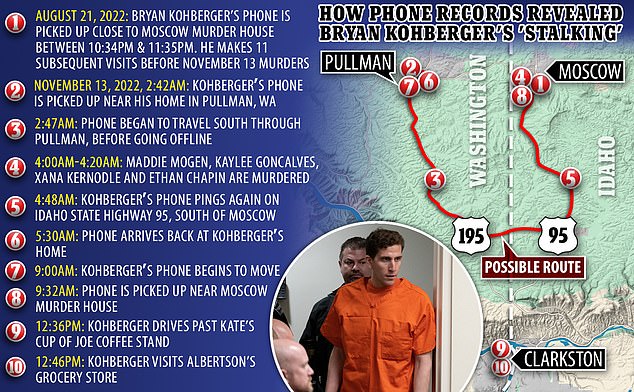 The route allegedly driven Bryan Kohberger allegedly drove on the night of the brutal Idaho murders, based on cellphone data
