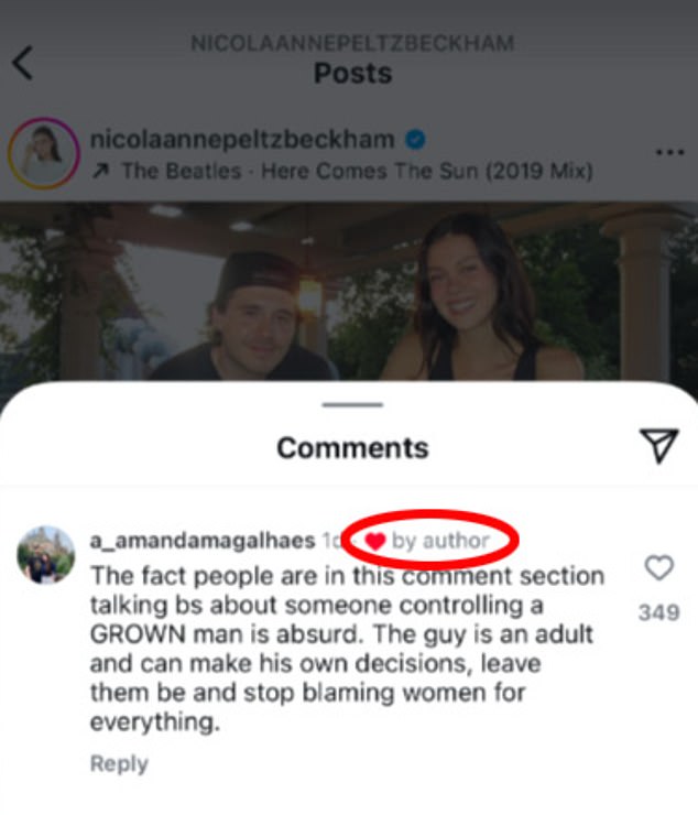 Many flooded the comment section to blame Nicola. Yet she hit back by 'liking' a fan's comment that suggested Brooklyn had made his own decisions