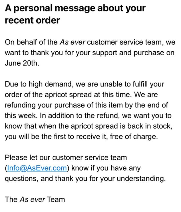 Some customers have been promised a refund and a free jar when it is back in stock