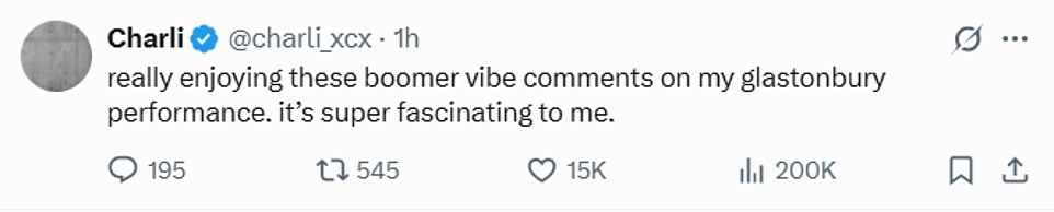 Taking to X, formerly known as Twitter, Charli referenced the 'boomer vibe' comments as she hit back at claims