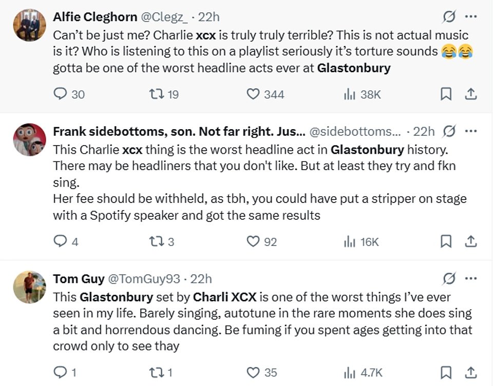 It comes after viewers called the energetic performance 'truly terrible' and claimed she was the 'worst headline act' at the festival