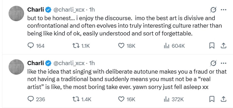 She wrote: 'Like the idea that singing with deliberate autotune makes you a fraud or that not having a traditional band suddenly means you must not be a 'real artist' is like, the most boring take ever'