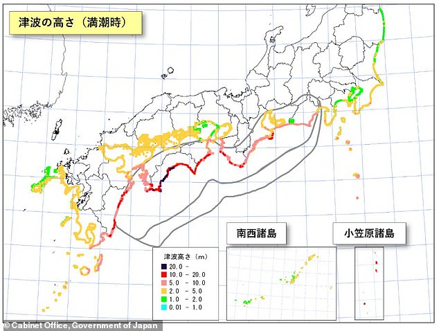 The most dangerous aspect of the earthquake would be the tsunami wave that would hit Japan. This map shows the expected height of the tsunami wave with black regions showing waves above 20m and red showing waves from 10-20 metres in height