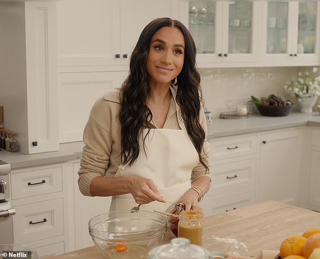 Daily Mail exclusively revealed this week that the alcoholic beverage is made by Fairwinds Estate, a California winery that creates bespoke wines for celebrities (Meghan pictured in her Netflix show)