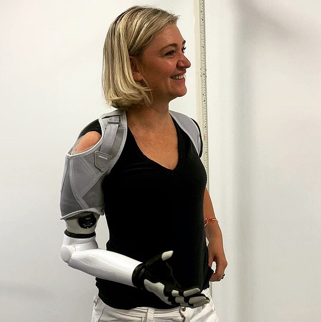 Mrs de Lagarde at a rehabilitation centre, getting fitted for her bionic arm