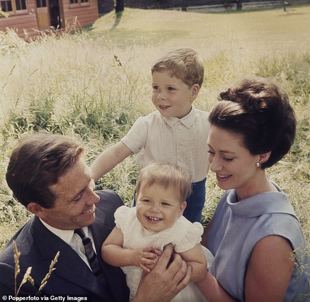 Margaret is photographed with her then husband, Antony Armstrong-Jones, and their children, David Armstrong-Jones and Lady Sarah Armstrong-Jones in 1966