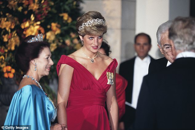 Margaret is pictured with Princess Diana in October 1990 at the Victoria and Albert Museum in London