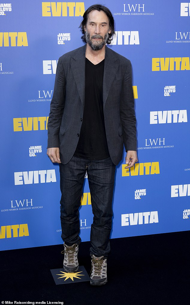Also in attendance on Tuesday was John Wick Keanu Reeves, opted for an eccentric display in a dark tweed blazer, v-neck sweater, jeans - and what appeared to be a pair of hiking boots