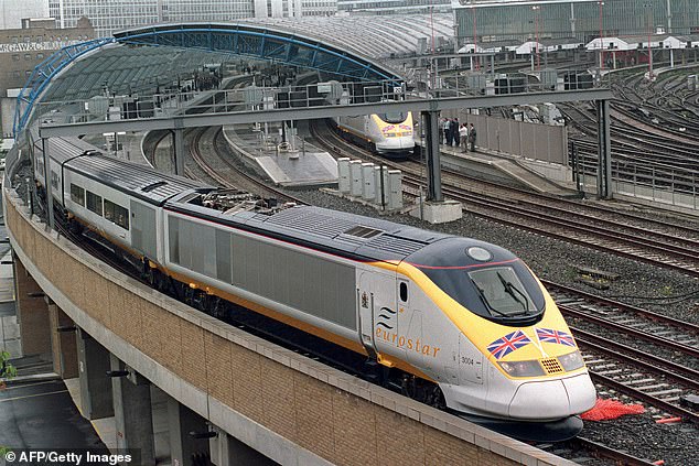 A Eurostar Channel tunnel train on its Royal Inaugural Journey to Paris with Queen Elizabeth and the Duke of Edinburgh onboard in 1994