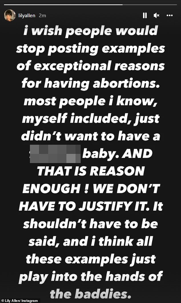 After her performance, Lily took to Instagram to reveal she had an abortion and called on women to stop feeling they needed to 'justify' their decisions to terminate pregnancy