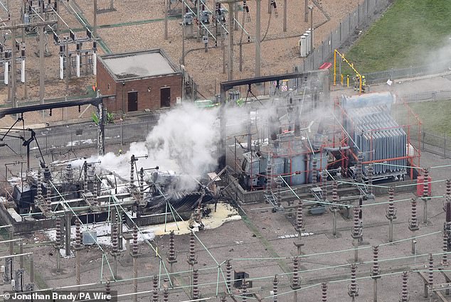 The smouldering North Hyde electrical substation which caused a power outage at Heathrow