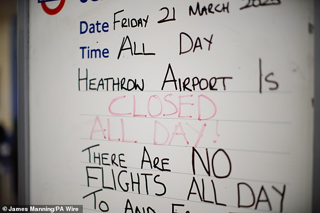 The fire led to the airport being closed until around 6pm on March 21 but a report has found electricity was restored to the terminals hours earlier (pictured: a sign at Heathrow Airport's Underground station on March 21)