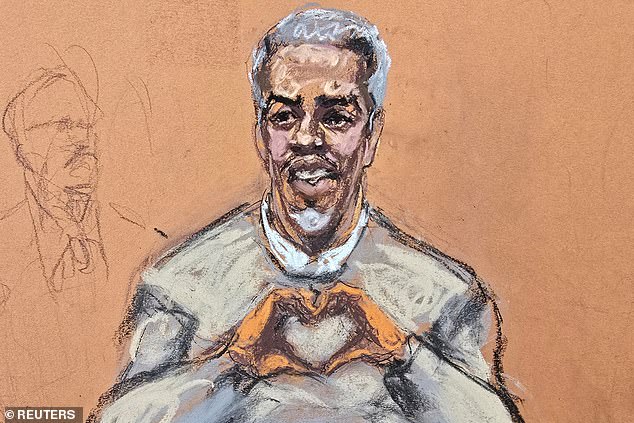 Several sketches show Diddy expressing his emotions in court as he is seen making a heart gesture with his hands during his trial