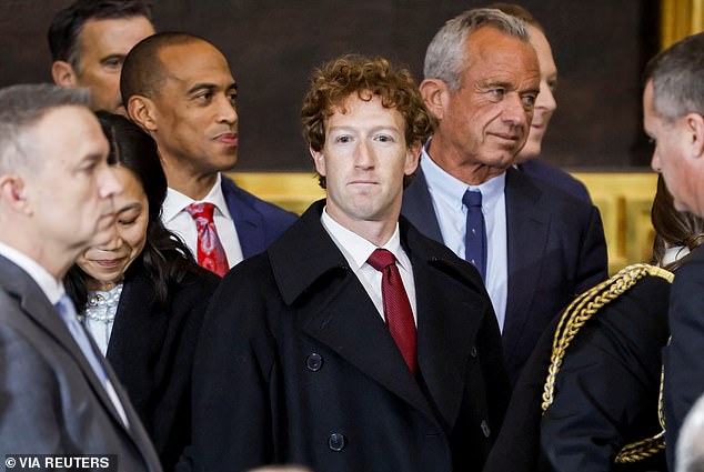 Zuckerberg has seemingly pivoted to the right amid Trump's second term, attending his inauguration with fellow tech billionaires (Pictured: Zuckerberg at Trump's inauguration)