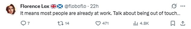 However, her tweet backfired as X users pointed out that 'most people were already at work' by the time the Location, Location, Location presenter took the train at 9.20am on a Tuesday morning