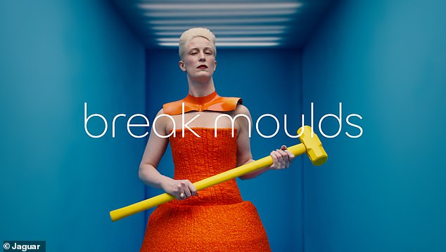 The advert features boldly dressed fashion models in bright primary colours alongside slogans such as 'break moulds' and 'create exuberant'