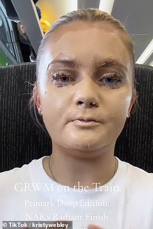 One TikTok user is seen with foundation all over their face as part of a recent trend