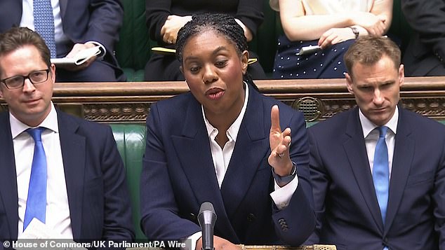 She was unable to control her emotions when Kemi Badenoch, pictured centre, accused Sir Keir of using her as a 'human shield' ¿ and the PM failed to back her