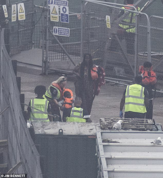 The mother and her child (pictured above) successfully made it to Dover after their dinghy was picked up by a Border Force vessel