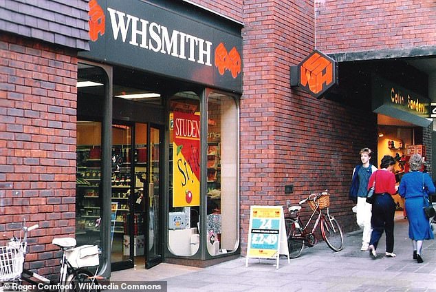 WH Smith's previous branding included a brown and orange hexagon logo, which was introduced in 1973 before switching to its now well-known blue and white signs (Wh Smith pictured in 1986)
