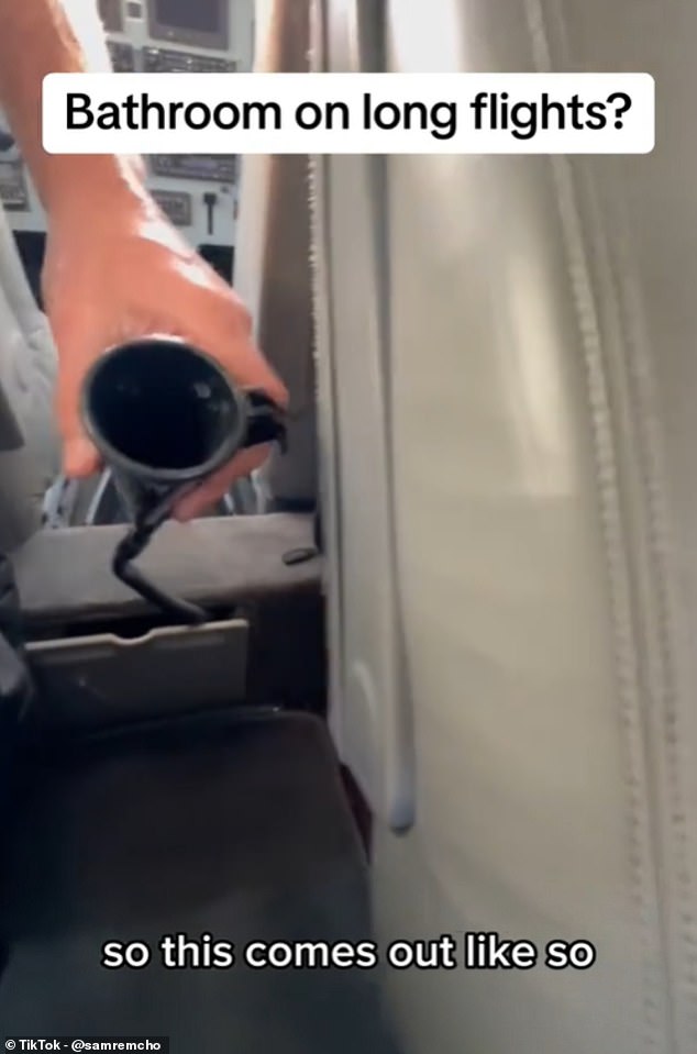 Panning the camera towards the bottom of the centre console, Remcho pulled open a compartment that contained a black, cone-shaped plastic cup attached to a long tube