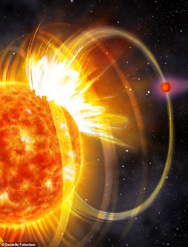 The star's closest planet orbits in just seven days, so close that it whips up the magnetic fields to produce solar flares up to 10,000 times stronger than those produced by our sun (artist's impression)