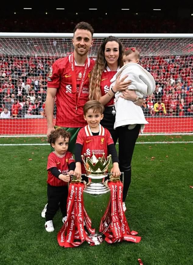 The couple have three children, pictured on the Anfield pitch in May after winning the Premier League