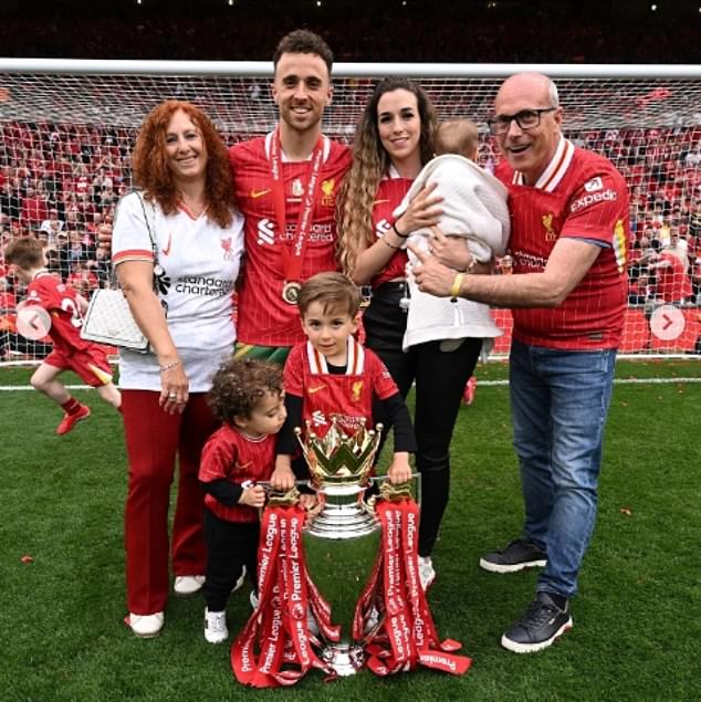 Jota married his childhood sweetheart Rute Cardoso (pictured centre) in the last fortnight. He was raised by humble factory workers Isabel (left) and Joaquim (right) - pictured celebrating Liverpool's Premier League win in May