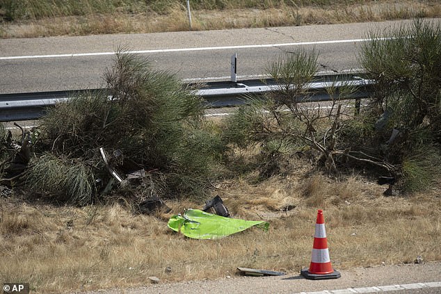An acid green piece of what is believed to be a panel from the Lamborghini lies at the side of the road where Diogo Jota and his brother died close to the Spanish city of Zamora