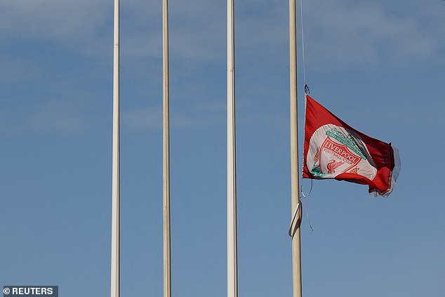 Liverpool FC flag flies at half-mast at Anfield Stadium after Liverpool's Portuguese footballer Diogo Jota
