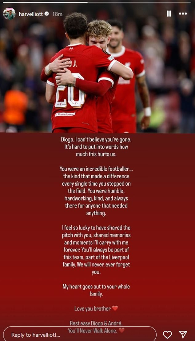 Harvey Elliott said he couldn't believe that Jota was gone and felt lucky to have shared memories