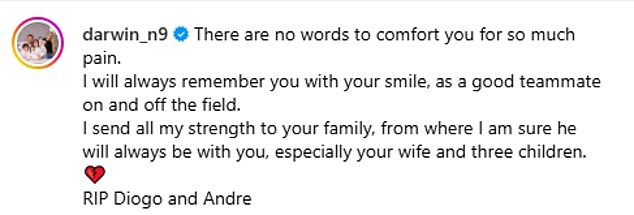 Nunez said he will always remember Jota's smile and said there are no words of comfort