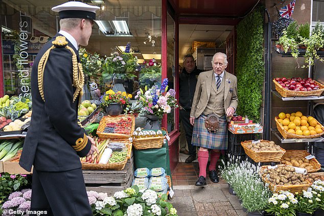The King visits McIvors greengrocers in Campbeltown, as part of his trip to Scotland for Holyrood Week