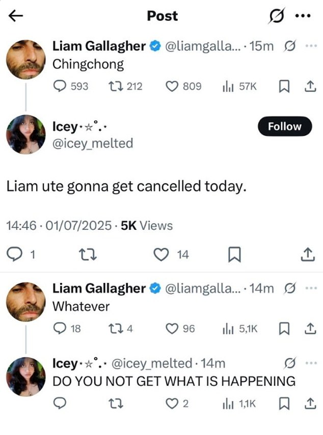 Liam appeared to tweet the phrase on Tuesday, responding to critics by claiming: 'it's an ancient thought process get on it', and responding to one fan warning him he'd be cancelled by saying: 'Whatever'