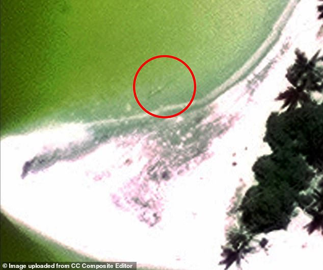 The most recent clue fueling the theory is a 2020 satellite image (pictured) of the object, showing it has remained in the same spot in the island's lagoon since at least 1938