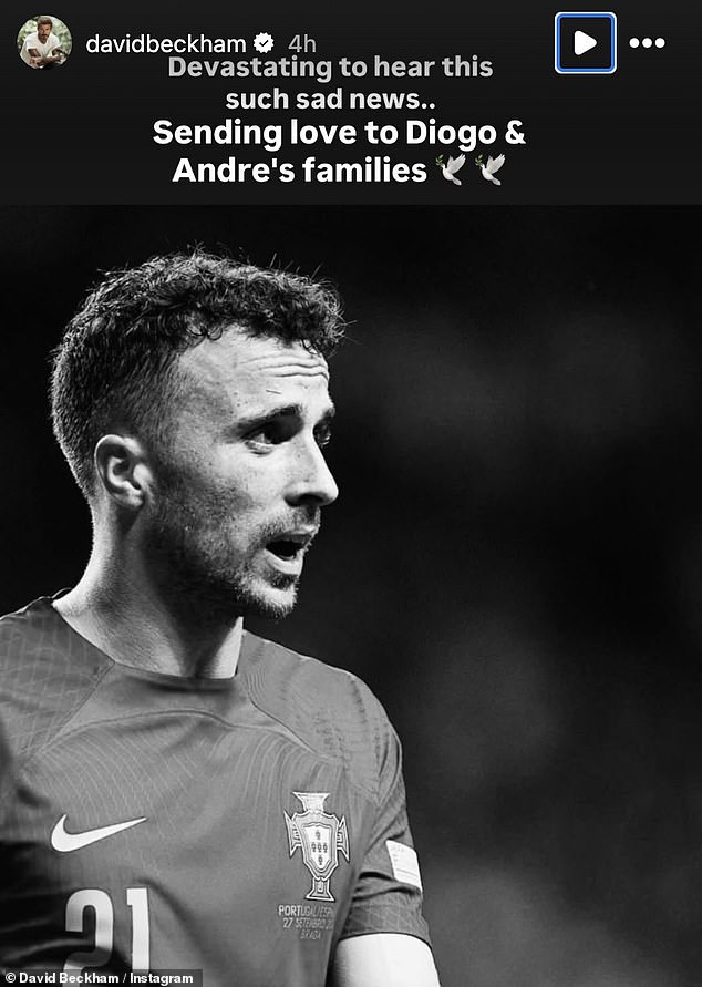 Sharing a photo of Diogo to Instagram, David wrote: 'Devastating to hear this such sad news... sending love to Diogo and Andre's families'